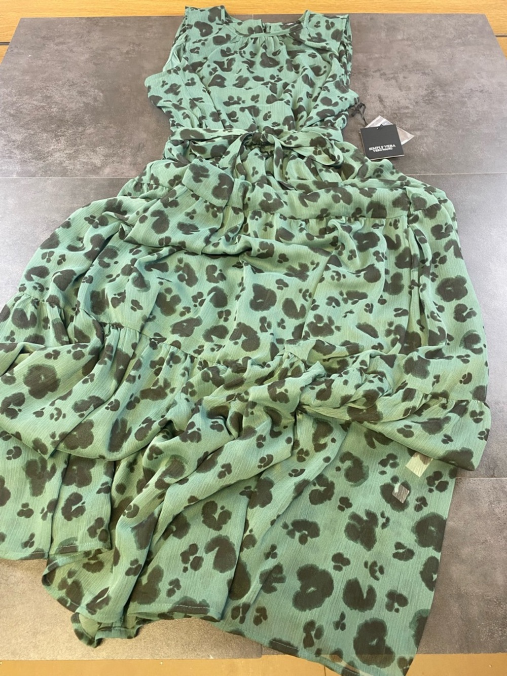 Simply Vera Wang Black & Green Leopard Tiered Maxi Sleeveless Dress Med NWT